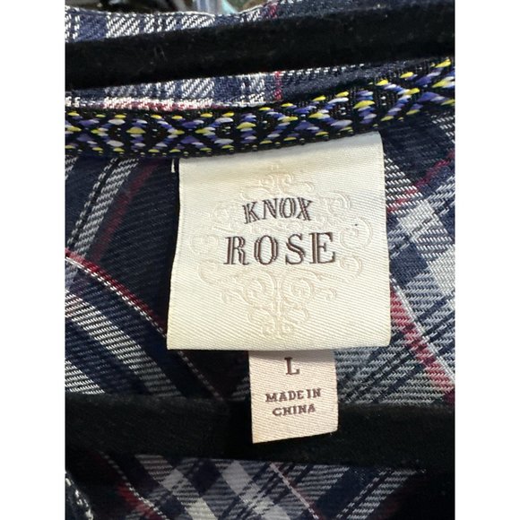 Knox Rose size L navy plaid embroidered 1/2 button v neck soft flannel like top - Picture 4 of 7